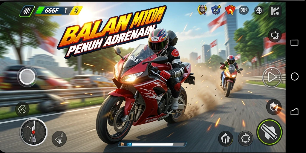 Gameplay menegangkan dalam balapan motor cepat.