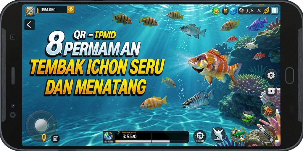 Tampilan gameplay seru dalam 8QR, dengan berbagai ikan untuk ditangkap.