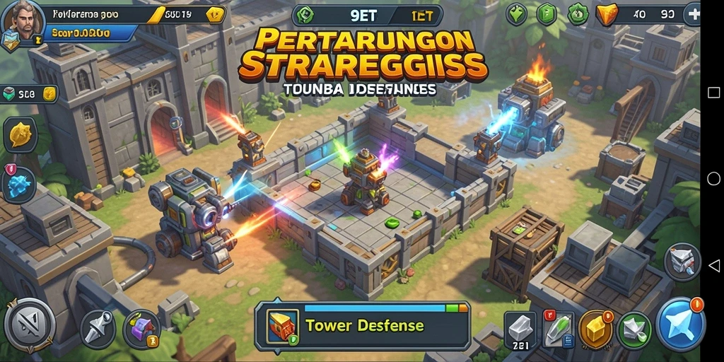 Screenshot gameplay 9ET menampilkan menara strategis yang menahan gelombang musuh.