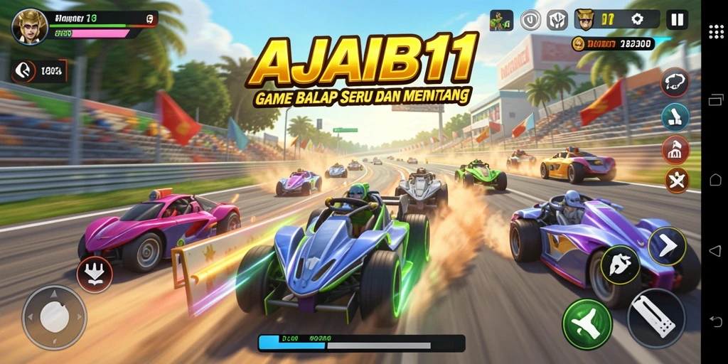 Screenshot utama AJAIB11 menampilkan aksi balapan yang mendebarkan.