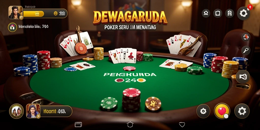 Screenshot gameplay DEWAGARUDA menampilkan suasana meja poker yang seru.