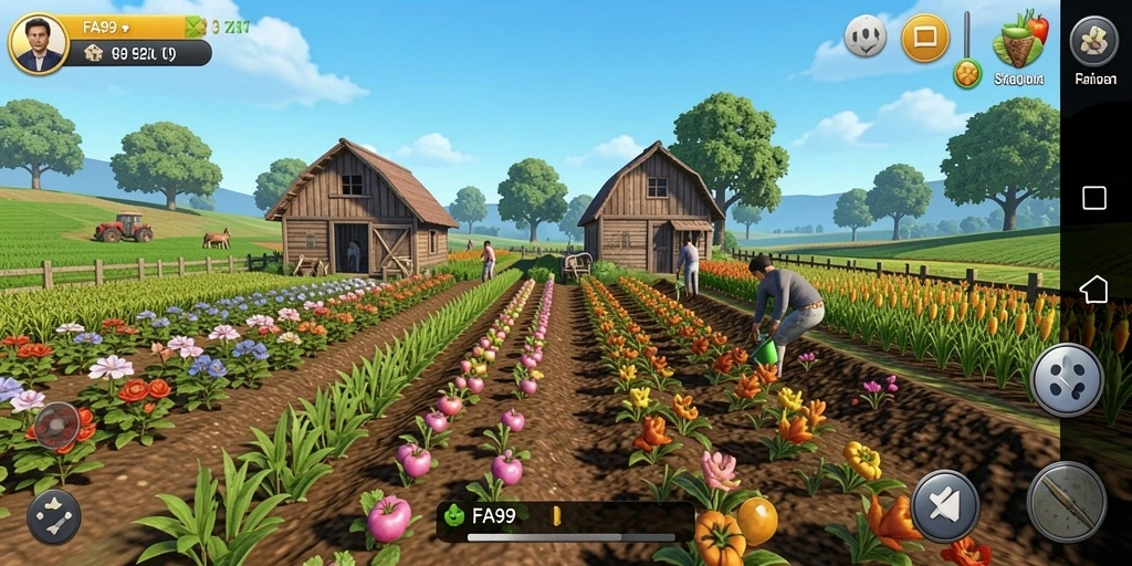 Tampilan gameplay FA99 yang menampilkan ladang pertanian yang subur dan hewan yang ceria.