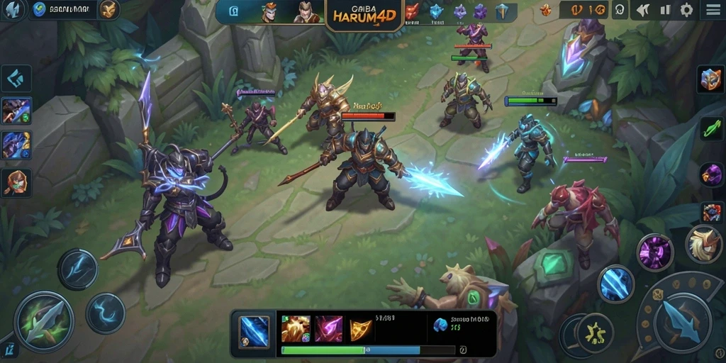 Tangkapan layar utama HARUM4D menunjukkan aksi intens dalam pertempuran MOBA.