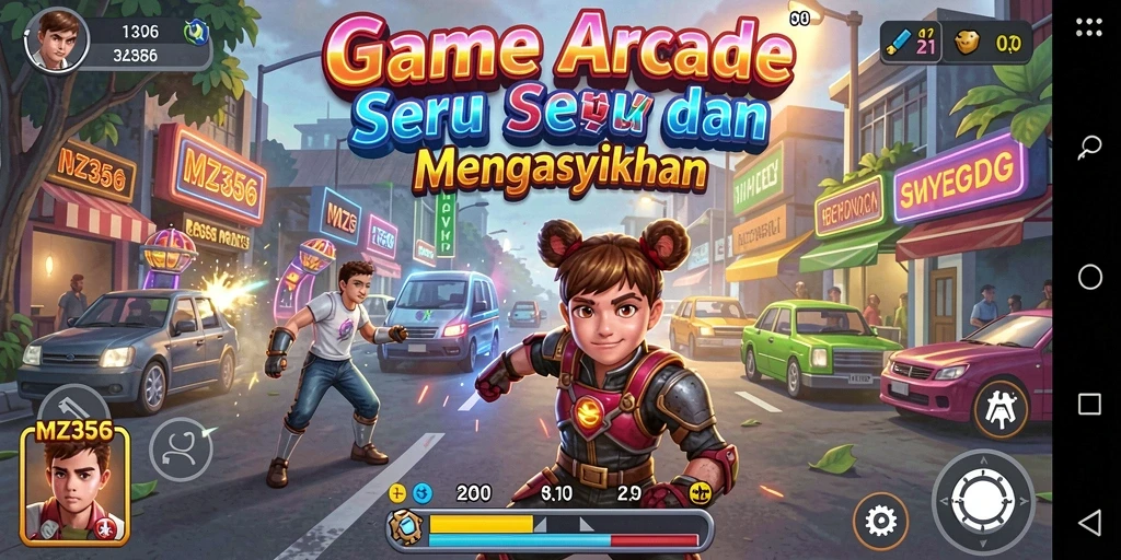 Tangkapan layar utama MZ356 menampilkan aksi gameplay Arcade yang seru dan penuh warna.