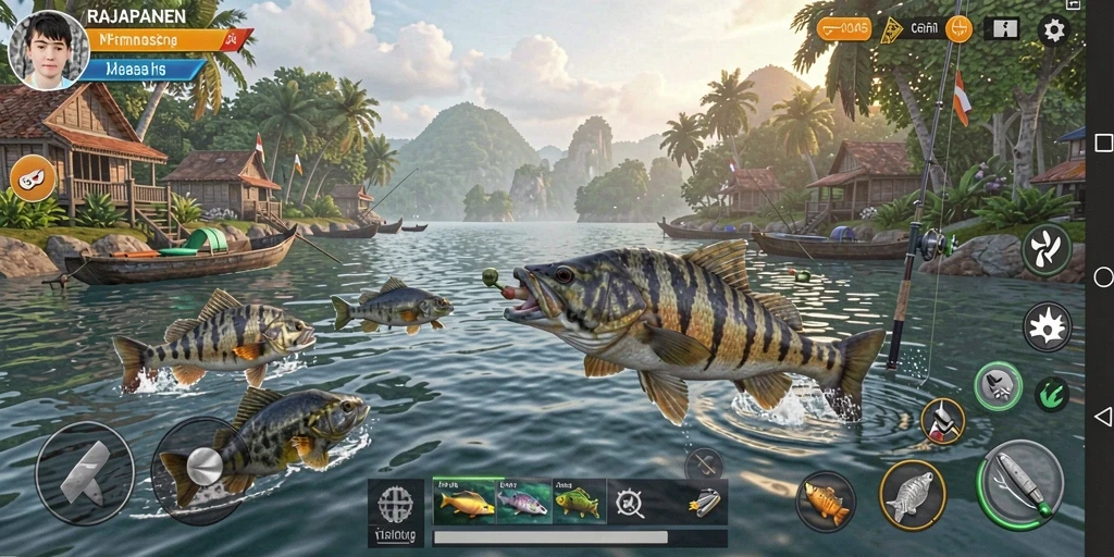 Screenshot gameplay RAJAPANEN menunjukkan aksi memancing yang mendebarkan.