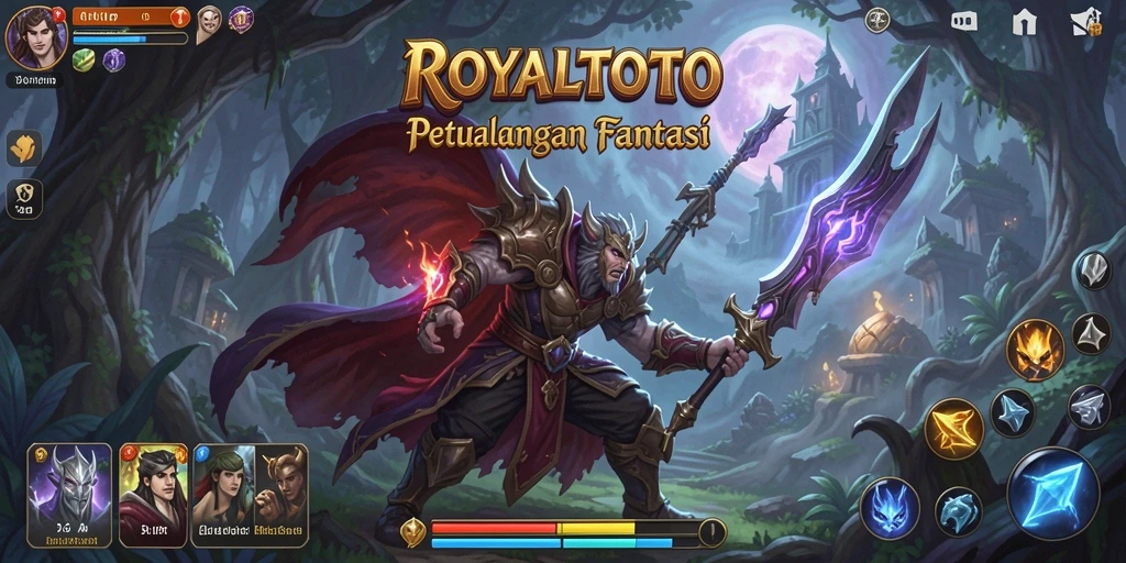 Screenshot gameplay ROYALTOTO dengan berbagai karakter dan pertempuran epik.
